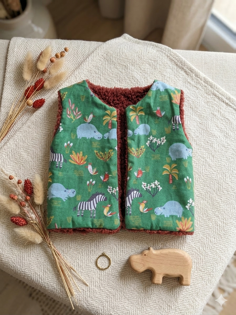 Gilet de berger réversible pour bébé avec motif animaux de la savane et intérieur moumoute terracotta.