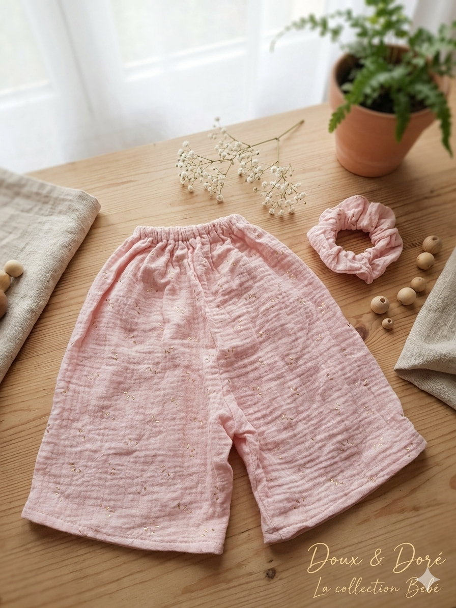 Ensemble composé d'un short ample à taille élastique et d'un chouchou assorti en double gaze de coton de couleur vieux rose, posés sur une table en bois.