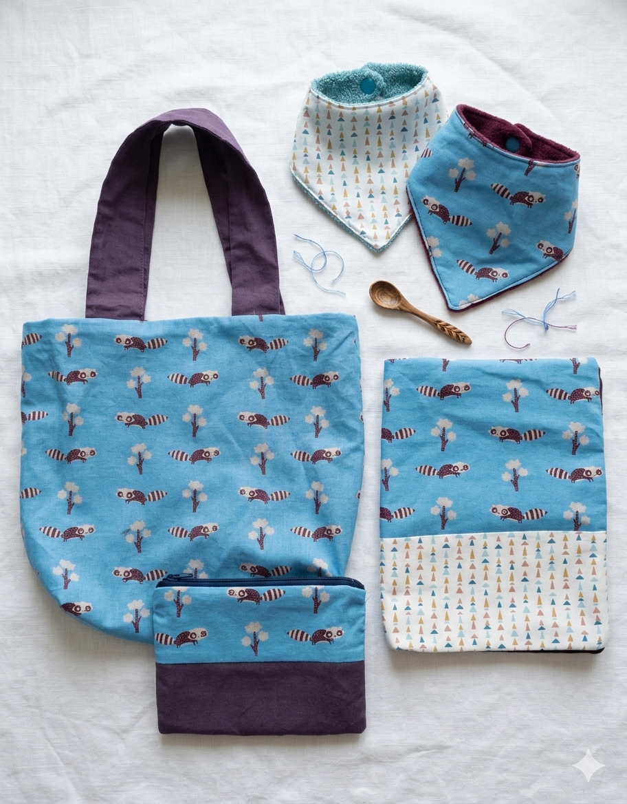 Coffret cadeau bébé artisanal : accessoires textiles assortis en coton bleu avec motifs ratons laveurs et formes géométriques.