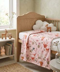 Couverture pour bébé rose poudré à motifs d'animaux de la forêt (faons, hiboux) drapée sur un berceau en bois clair dans une chambre d'enfant d'ambiance sereine et naturelle.