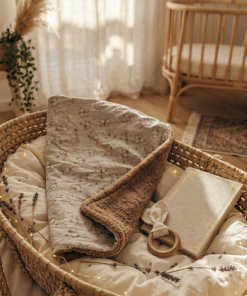 Une couverture pour bébé en coton crème imprimé d'oursons rétro, repliée dans un couffin en osier pour montrer sa doublure en sherpa marron moelleuse.