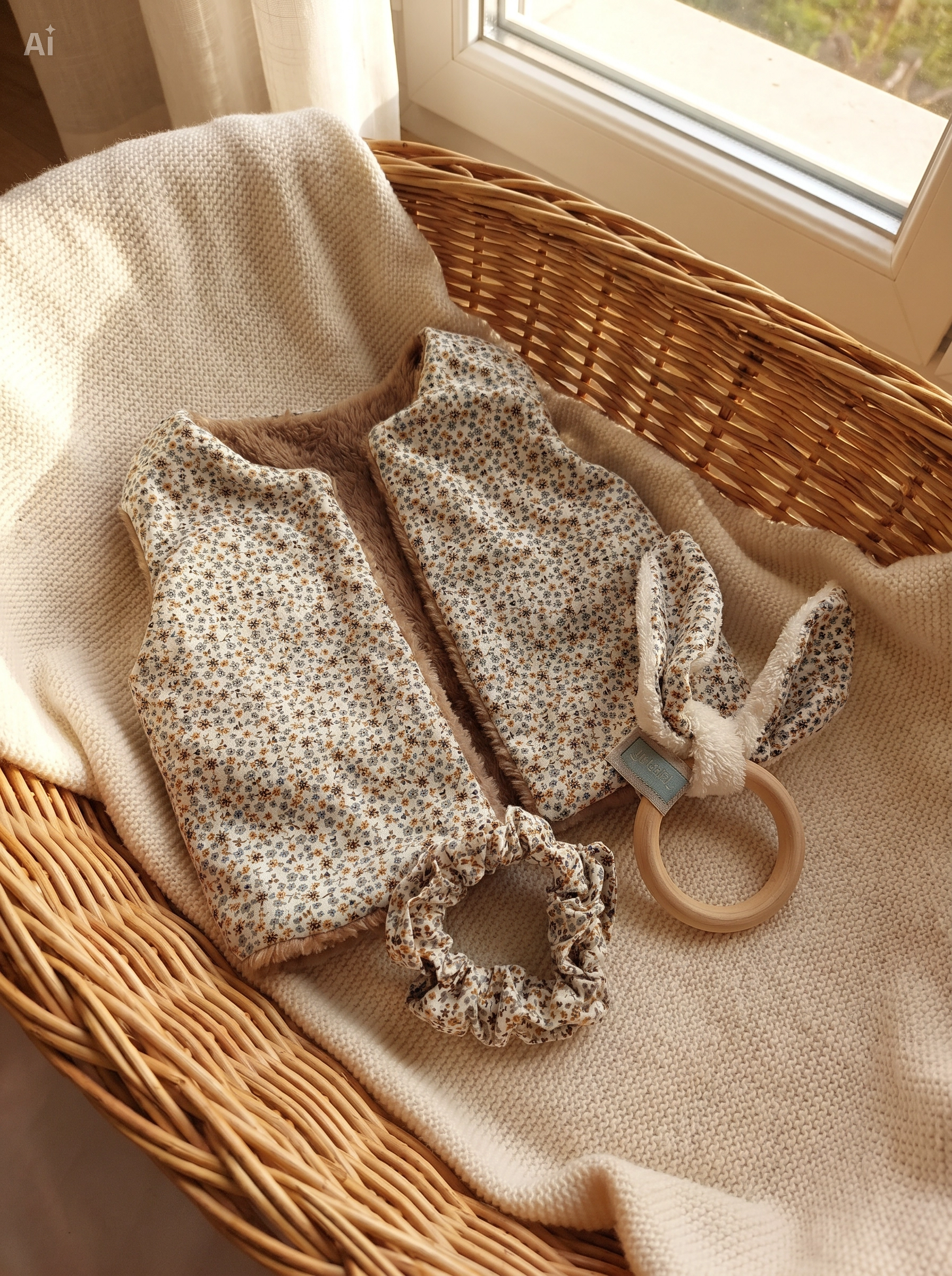 Coffret naissance 3 pièces taille 6 mois avec gilet réversible fleuri marron, hochet d'éveil en bois oreilles de lapin et chouchou assorti.