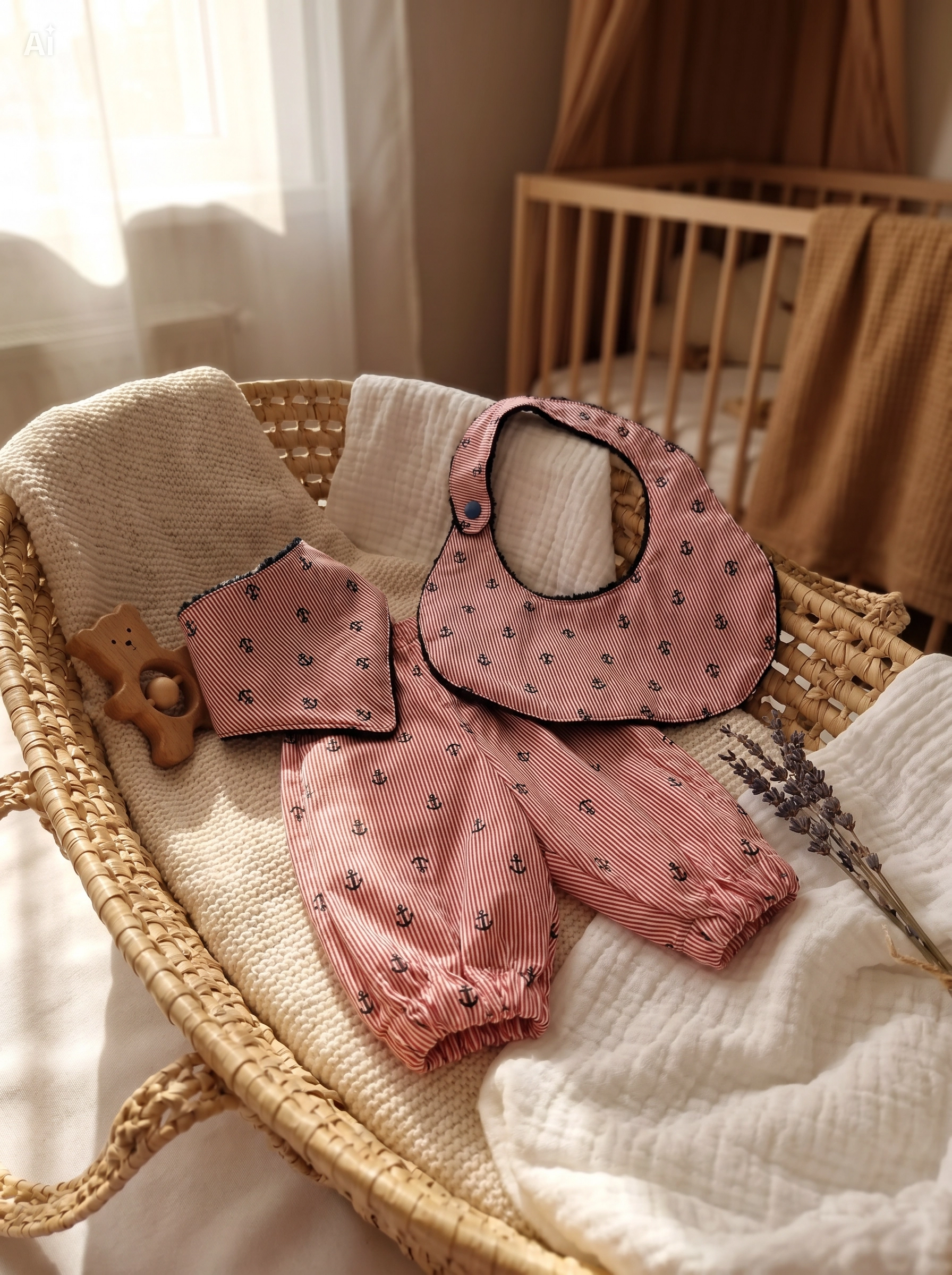 Coffret bébé 6 mois style marin avec short bouffant rouge et deux bavoirs assortis