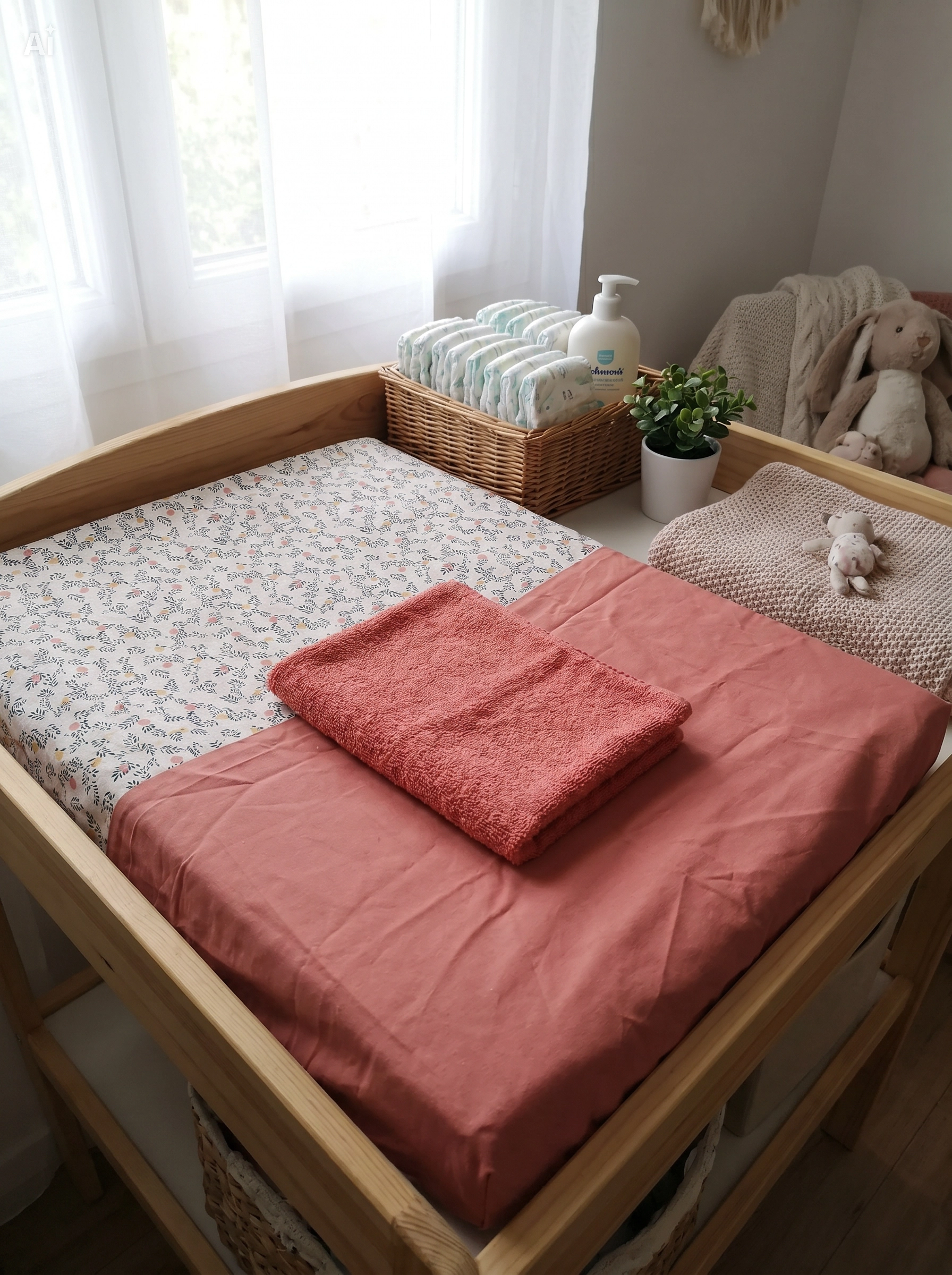 Housse de matelas à langer bicolore à motif floral et tissu terracotta, surmontée de sa serviette en éponge assortie sur une table à langer en bois.
